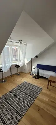 a bedroom with a bed and a rug on the floor at DokAttic50 in Ghent