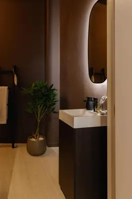 a bathroom with a sink and a mirror and a potted plant at Raibu Antwerp by StayC in Antwerp