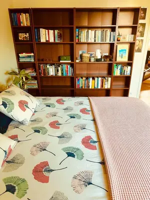a bed in a room with a book shelf at Luxurious stay with zen atmosphere in Zurenborg in Antwerp