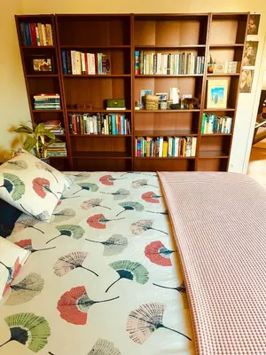 a bed in a room with a book shelf at Luxurious stay with zen atmosphere in Zurenborg in Antwerp