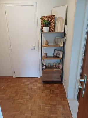 a hallway with a white door and a wooden floor at Cosy -confort appartment in Antwerp