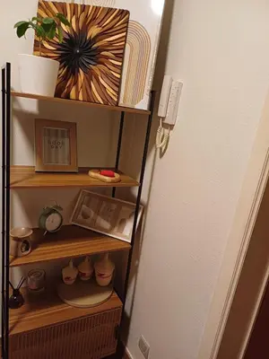 a shelf with a clock and a picture on it at Cosy -confort appartment in Antwerp