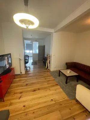 a living room with a couch and a tv at Le Flagey green place in Brussels
