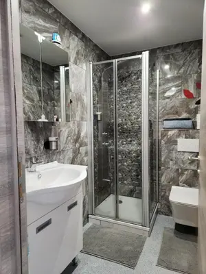 a bathroom with a shower and a sink and a toilet at New build flat - Walking distance from Brussels Airport in Zaventem