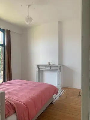 a bedroom with a pink bed and a fireplace at Heritage Mansion near Tomorrowland in Niel