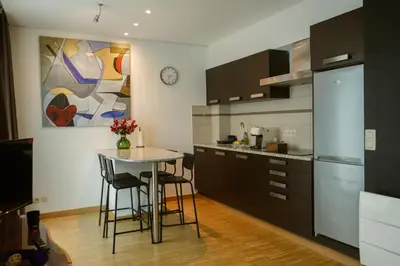 a kitchen with a table with chairs and a painting at Elios Living Studio Mettewie in Brussels
