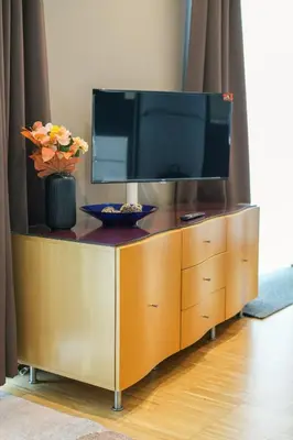 a entertainment center with a tv on top of it at Elios Living Studio Mettewie in Brussels
