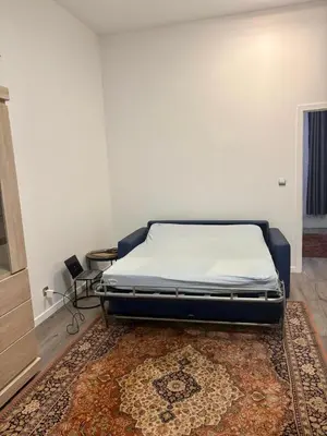 a bed sitting in a room with a rug at Modern 1 bedroom and sofa bed stay in Brussels