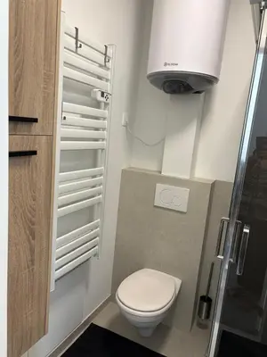 a small bathroom with a toilet and a sink at Modern 1 bedroom and sofa bed stay in Brussels