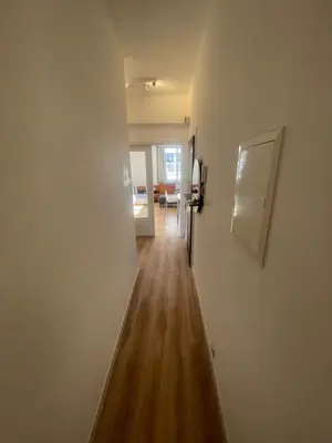 a hallway leading to a living room with a hard wood floor at Place Stéphanie - Avenue Louise - Bruxelles Centre in Brussels