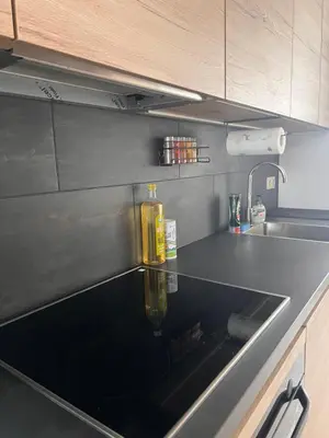 a kitchen counter with a sink and a bottle of oil at Cozy Feels, Central Vibes in Antwerp
