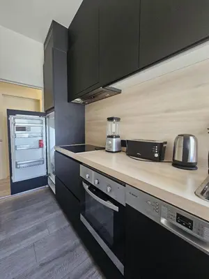 a kitchen with black cabinets and a counter top at Habitación con cocina en Gante in Ghent
