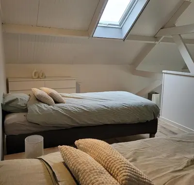 a attic bedroom with two beds and a skylight at Vakantiewoning aan het water, vissen, wandelen en genieten in de natuur in Geel