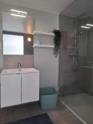 a bathroom with a sink and a toilet and a shower at Le Loft d'Oli in Overijse