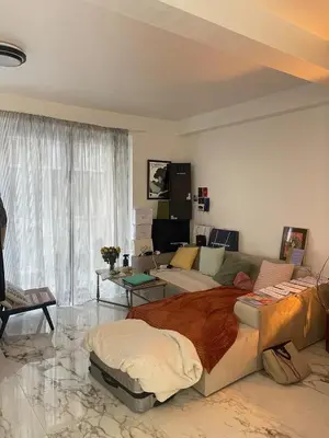 a living room with a large bed and a couch at Petit coin de cosyness in Brussels