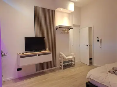 a bedroom with a tv on a dresser and a bed at Boomgaard de Luxe in Antwerp