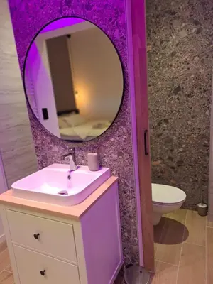 a bathroom with a sink and a mirror at Boomgaard de Luxe in Antwerp