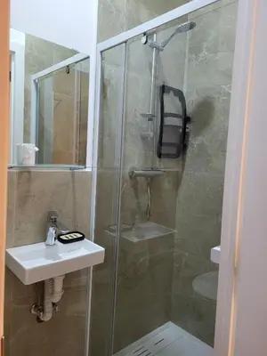 a bathroom with a shower with a sink and a glass shower door at Studio Saintes-Catherine in Brussels
