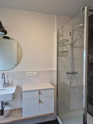 a bathroom with a shower and a sink at Huis ALNA 7 in Mechelen
