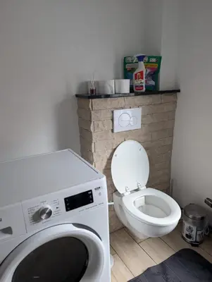 a bathroom with a washing machine and a toilet at Full apartment near Brussels and Zaventem in Vilvoorde