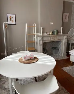 a white table and chairs in a room with a fireplace at cosy studio in Antwerp