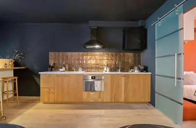 a small kitchen with wooden cabinets and a blue wall at Boutique apartment Antwerp in Antwerp