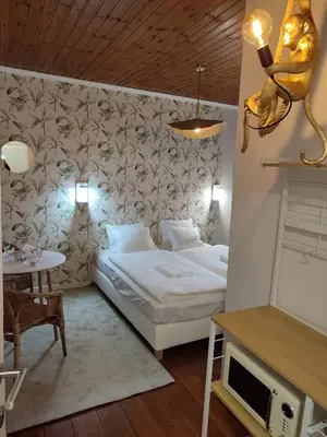 a bedroom with a bed and a table in a room at cosy studio2 in Antwerp