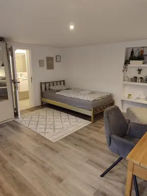 a bedroom with a bed and a couch and a chair at Sweet cozy studio in Antwerp