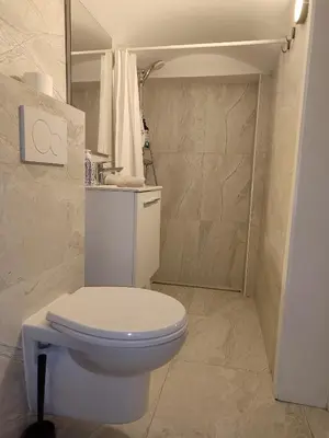a bathroom with a white toilet and a shower at Sweet cozy studio in Antwerp