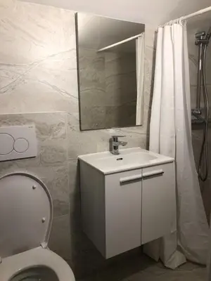 a bathroom with a toilet and a sink and a mirror at Sweet cozy studio in Antwerp