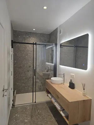 a bathroom with a glass shower and a sink at Topgelegen Appartement Alma in Antwerp