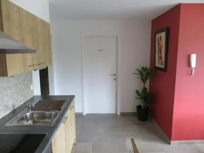a kitchen with a sink and a red wall at Bed and breakfast Mentari in Ghent