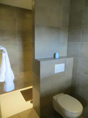 a bathroom with a toilet and a bath tub at Bed and breakfast Mentari in Ghent