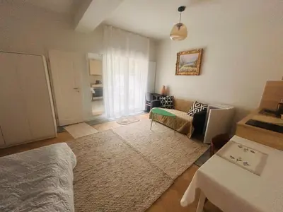 a living room with a bed and a couch at Cosy small studio in Brussels