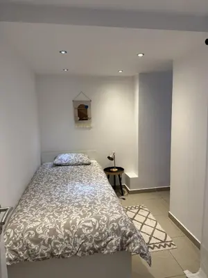 a bedroom with a bed in a white room at Cozy appartement in Brussels- Schuman Area in Brussels