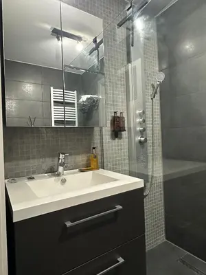 a bathroom with a sink and a shower at businessflat mol center in Mol