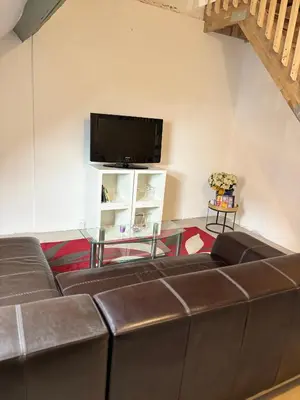 a living room with a couch and a flat screen tv at Marie home in Brussels