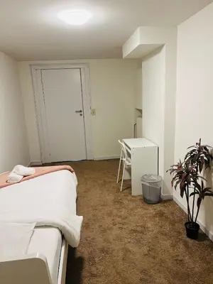 a bedroom with a bed and a desk with a plant at Albergue Bosquet in Brussels