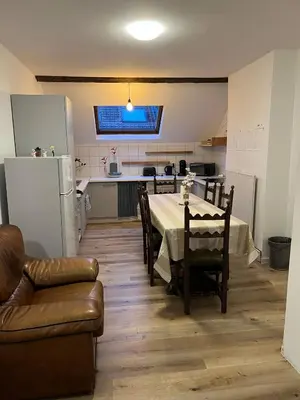 a kitchen and dining room with a table and a refrigerator at Albergue Bosquet in Brussels