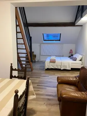 a bedroom with a bed and a couch in a room at Albergue Bosquet in Brussels