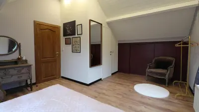 a room with a mirror and a chair in a room at Gite de l'oseraie