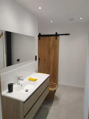 a bathroom with a sink and a wooden door at Boom Loft 9 in Boom