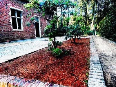 a brick building with two trees in a pile of leaves at Luxury suite with a private terrace in Diest
