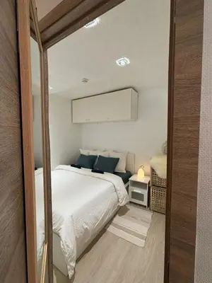 a bedroom with a large white bed with blue pillows at Comfortable Apartment in Brussels, 35 m², 3 Persons in Brussels