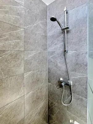a shower with a shower head in a bathroom at Élégant appartement une chambre in Brussels