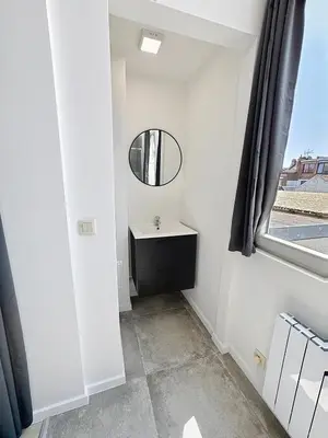 a bathroom with a sink and a mirror at Élégant appartement une chambre in Brussels