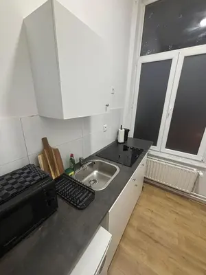 a small kitchen with a sink and a microwave at Studio Lilia in Brussels