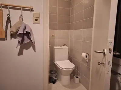 a bathroom with a toilet and a door with towels at Cozy Nest by Gare du Midi in Brussels