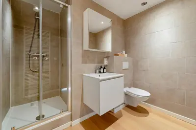 a bathroom with a shower and a toilet and a sink at Rooftop appartement in Sint-Niklaas