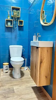 a blue bathroom with a toilet and a sink at Apartment for 6 people - near Brussels & Airport in Wezembeek-Oppem